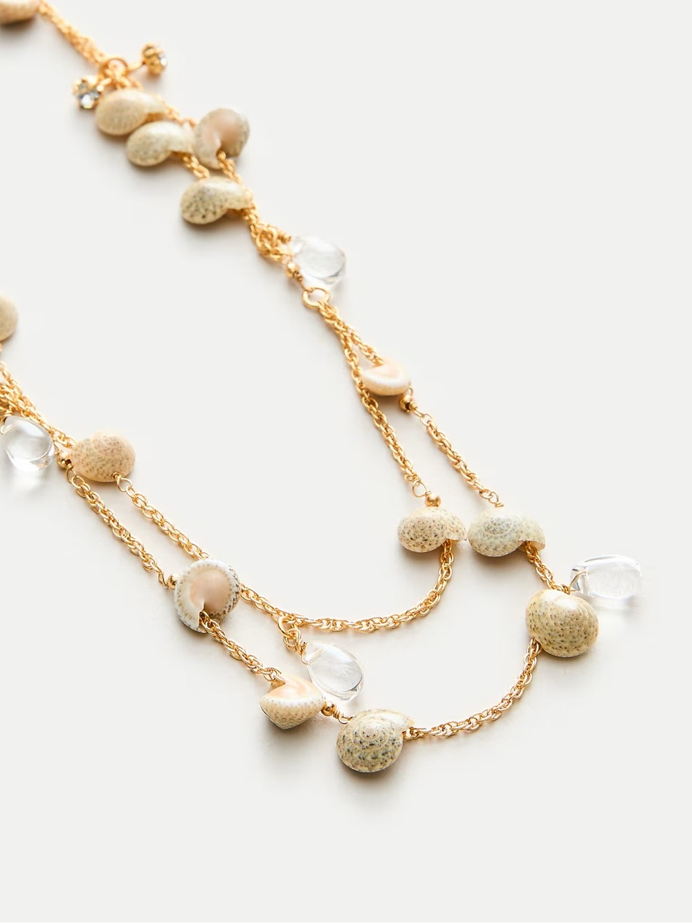 J. Crew Gold-Tone Multi Strand Necklace with Cream Shell and Clear Drops